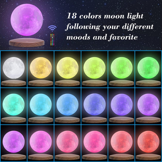 Levitating Moon Lamp, 18 Colors 6 in Floating Moon Lamp, 3D LED Printing Rotating Magnetic Moon Light Spinning Freely with Remote, Night Light, Desk Bedroom Decor Office, Christmas Gift