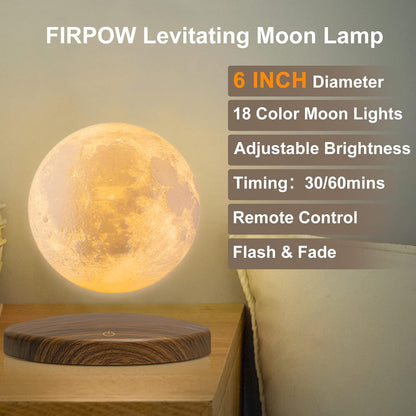 Levitating Moon Lamp, 18 Colors 6 in Floating Moon Lamp, 3D LED Printing Rotating Magnetic Moon Light Spinning Freely with Remote, Night Light, Desk Bedroom Decor Office, Christmas Gift