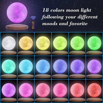 Levitating Moon Lamp, 18 Colors 6 in Floating Moon Lamp, 3D LED Printing Rotating Magnetic Moon Light Spinning Freely with Remote, Night Light, Desk Bedroom Decor Office, Christmas Gift